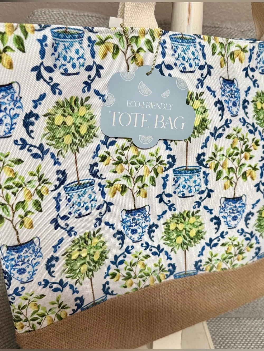 New Lemon Tree Blue Toile Potted Floral Canvas Tote Book Bag Reusable Burlap NWT